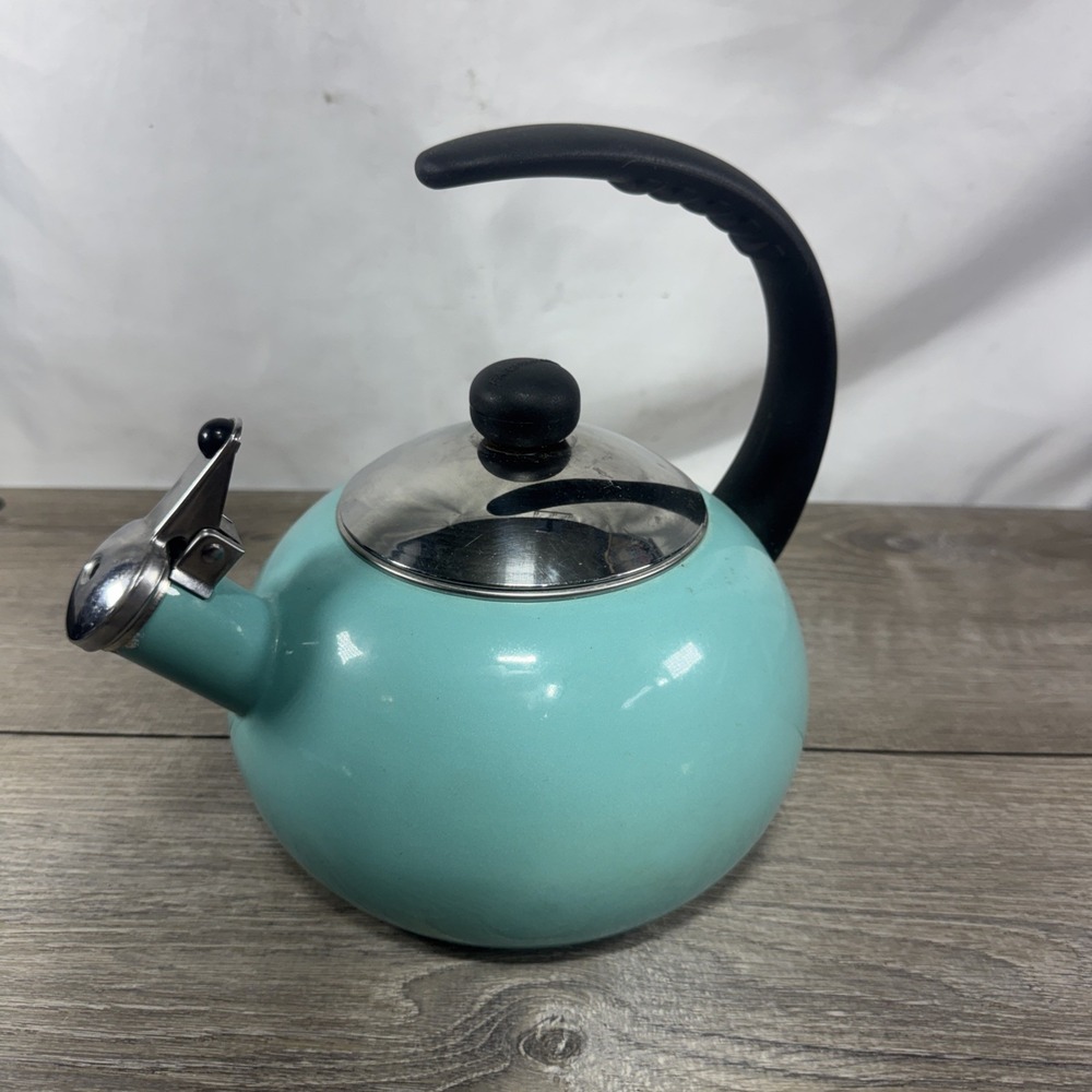 Farberware Luna Whistling Tea Pot Kettle 2.5 qt Aqua Enamel on Steel